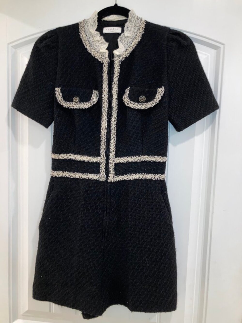 Sandro Ariela Black Tweed Playsuit Romper Lace Trim Short Sleeve Jumpsuit XS - Picture 2 of 7